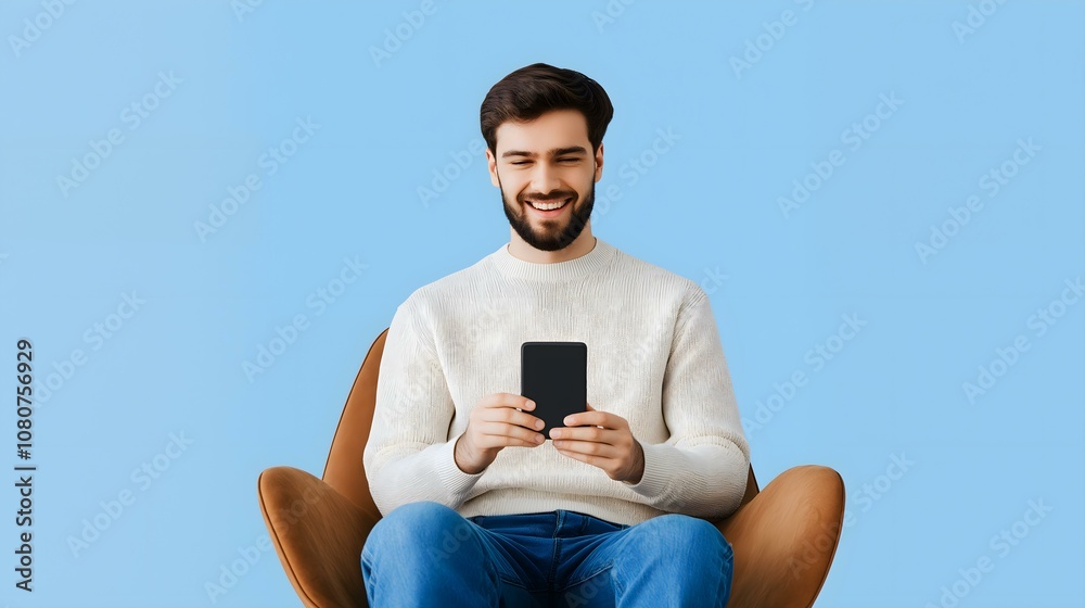 Young man enjoying leisure time on smartphone while sitting in a stylish chair against a blue background. Young man enjoying leisure time on smartphone while sitting in a stylish chair against a blue background.