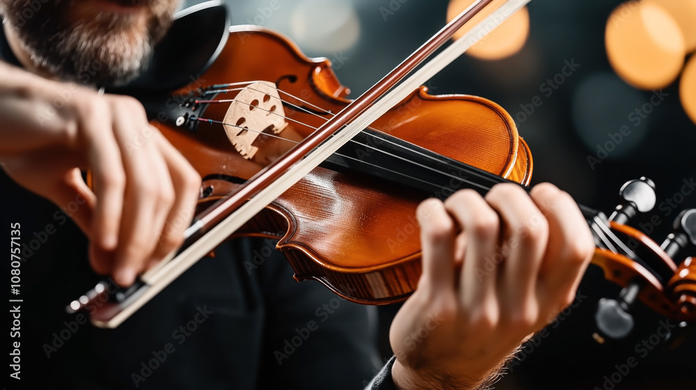 Close-up of a musician playing a violin with a warm bokeh background, focusing on the hands and the instrument's strings and body Close-up of a musician playing a violin with a warm bokeh background, focusing on the hands and the instrument's strings and body