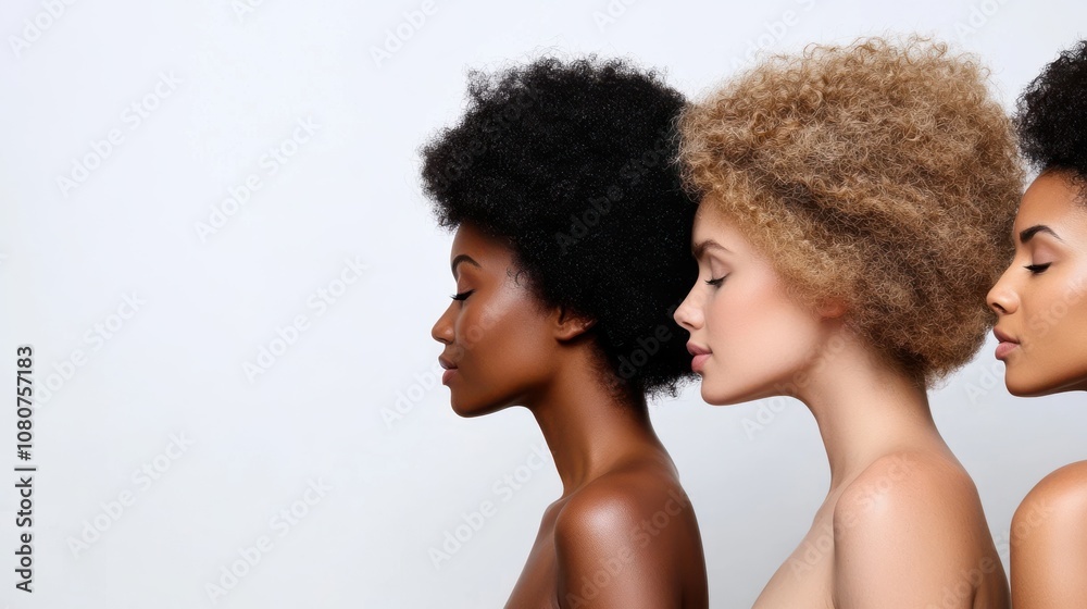 Three women with diverse afro hairstyles pose gracefully, highlighting natural beauty and individuality against a simple white background. Three women with diverse afro hairstyles pose gracefully, highlighting natural beauty and individuality against a simple white background.