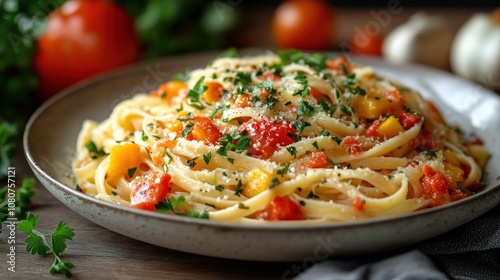 A delicious plate of pasta with tomatoes and herbs, ready to serve.