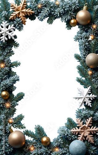 Festive Christmas frame with pine branches, golden ornaments, snowflakes, and warm lights. Perfect for holiday-themed designs or greeting cards, on a transparent background.

