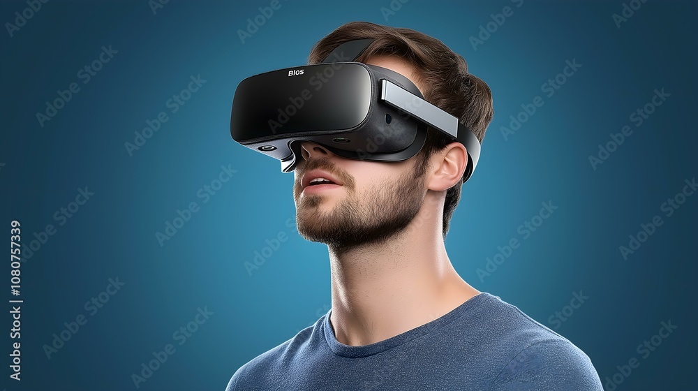 Young man wearing virtual reality headset, exploring digital landscapes and immersive experiences. Young man wearing virtual reality headset, exploring digital landscapes and immersive experiences.