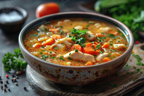 Close-up of a bowl of chicken noodle soup with vegetables and parsley garnish