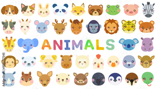 かわいい動物のイラストセット 顔 正面 ベクター素材