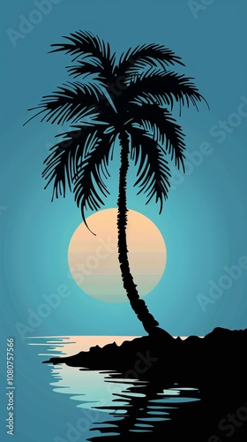 A palm tree is silhouetted against a blue sky with a large sun in the background. The scene is serene and peaceful, with the palm tree standing tall and proud in the foreground