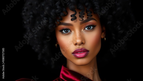 Stunning Portrait of a Young Woman with Curly Hair and Bold Lip Color