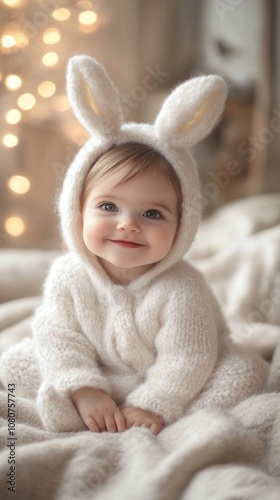 Sweet child in a white rabbit costume, captured in a whimsical cosplay photoshoot with a playful, magical vibe