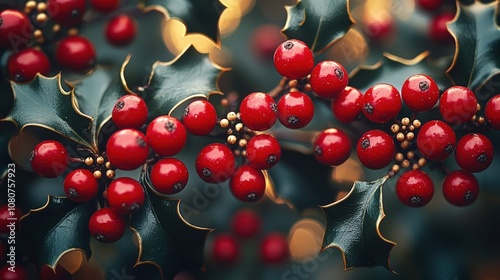 Festive holly berries and green leaves with a warm holiday glow photo