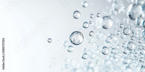 Abstract white background with many water droplets of different sizes.