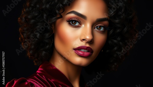 Stunning Portrait of a Young Woman with Curly Hair and Bold Lip Color