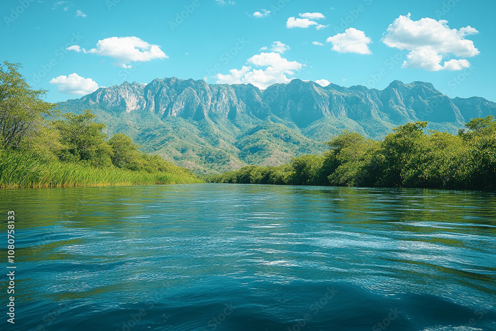 A serene river flows gently through a mountainscape with lush greenery and towering peaks under a blue sky. A serene river flows gently through a mountainscape with lush greenery and towering peaks under a blue sky.