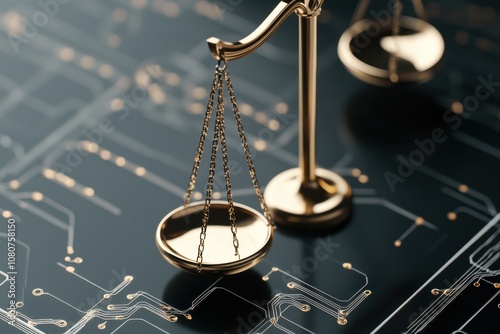 A golden scale of justice rests on a digital circuit, blending the realms of technology and law in a modern metaphor. photo
