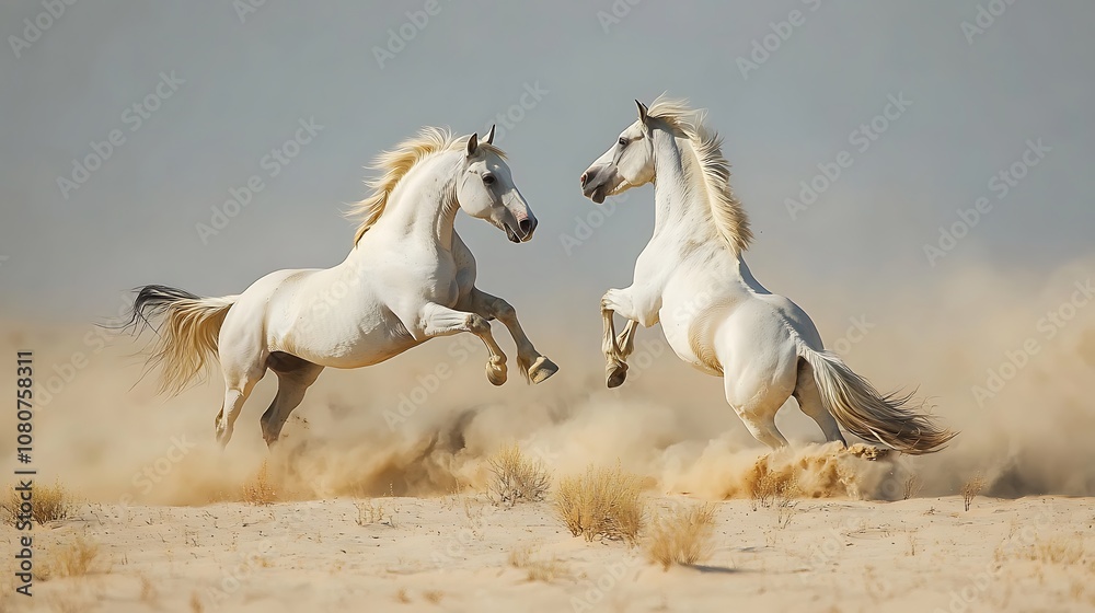 White Horses Playfully Leaping in the Desert White Horses Playfully Leaping in the Desert