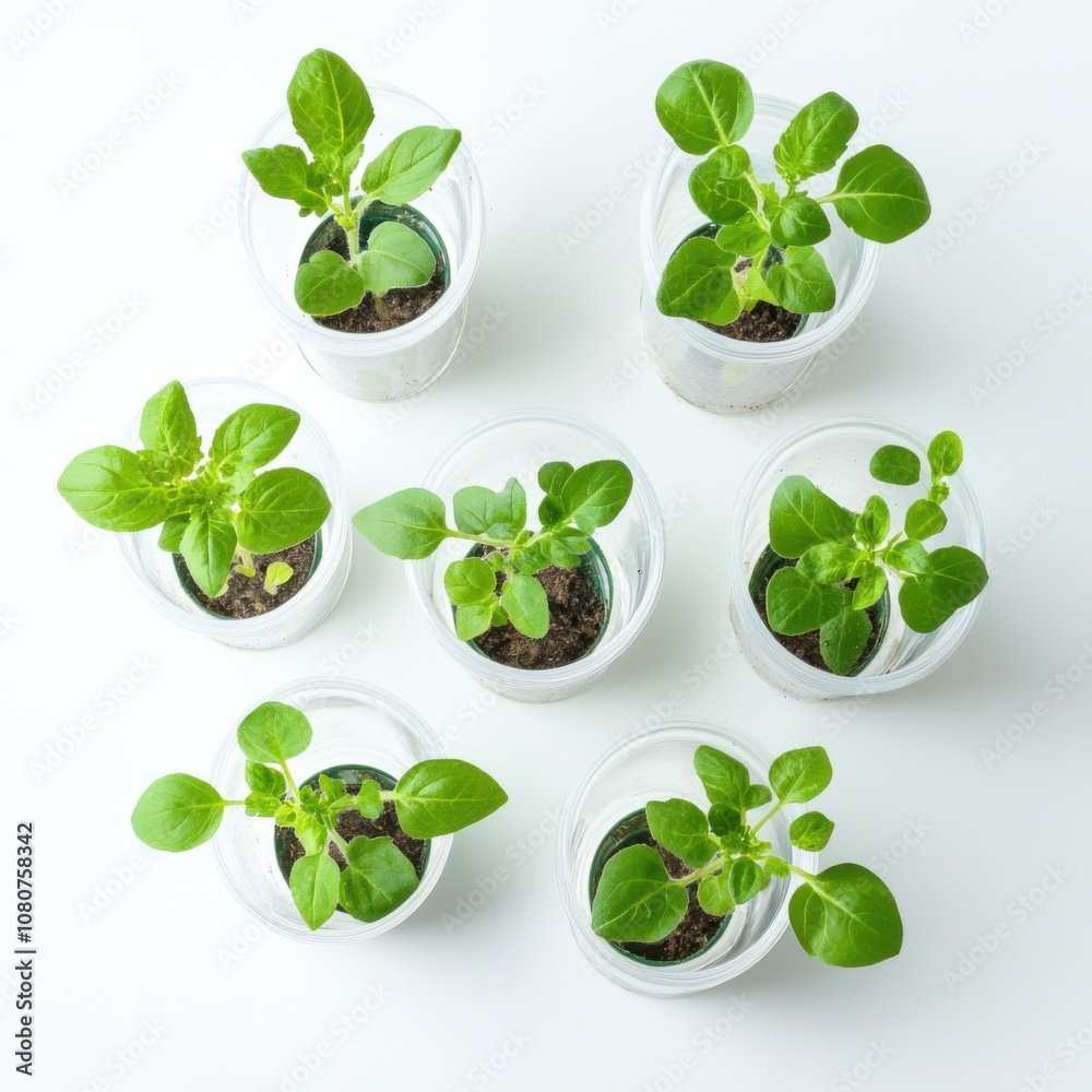 Young plants growing in clear containers on a white background concept of botany and growth Young plants growing in clear containers on a white background concept of botany and growth