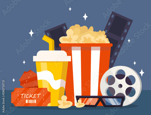 Set of cinema objects. Pop corn, soda, 3D glasses, film tape and directors clapperboard. Film industry. Movies and TV series. Fun and entertainment. Flat vector collection isolated on black background