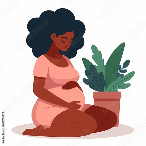 Pregnant black woman sitting, whitea background, flat style illustration photo