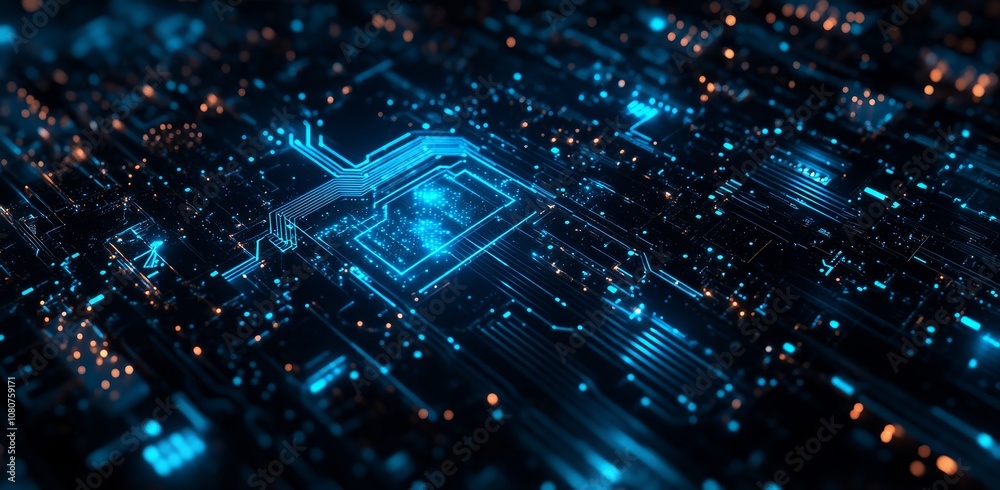 This modern illustration concept depicts a futuristic technology background coupled with digital communications as the basis for hi-tech advertising and game artwork.