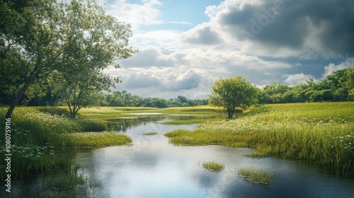 Serene landscape featuring lush greenery and calm water reflecting a beautiful sky.