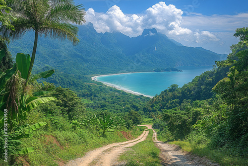 A winding trail cuts through lush forest, revealing a stunning ocean backdrop under a sunny blue sky.