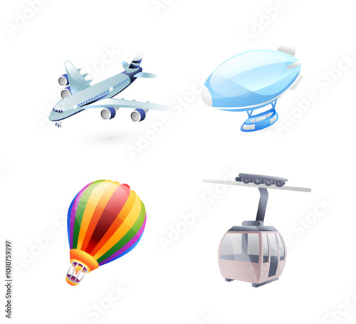 Set of illustrations of air transport, airplane, airship, balloon, cable car, realistic in 3d style.