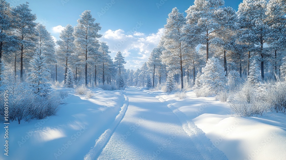 Snow-covered pathway through a serene winter forest landscape. Snow-covered pathway through a serene winter forest landscape.