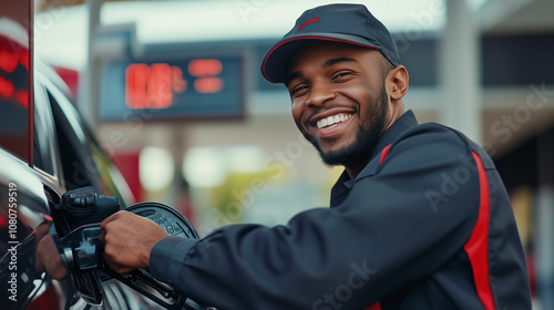 A friendly fuel attendant smiles while refueling a black car on a sunny day at a bustling gas station photo