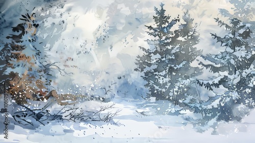 A snowy landscape with trees and a house in the background. The trees are covered in snow and the sky is cloudy