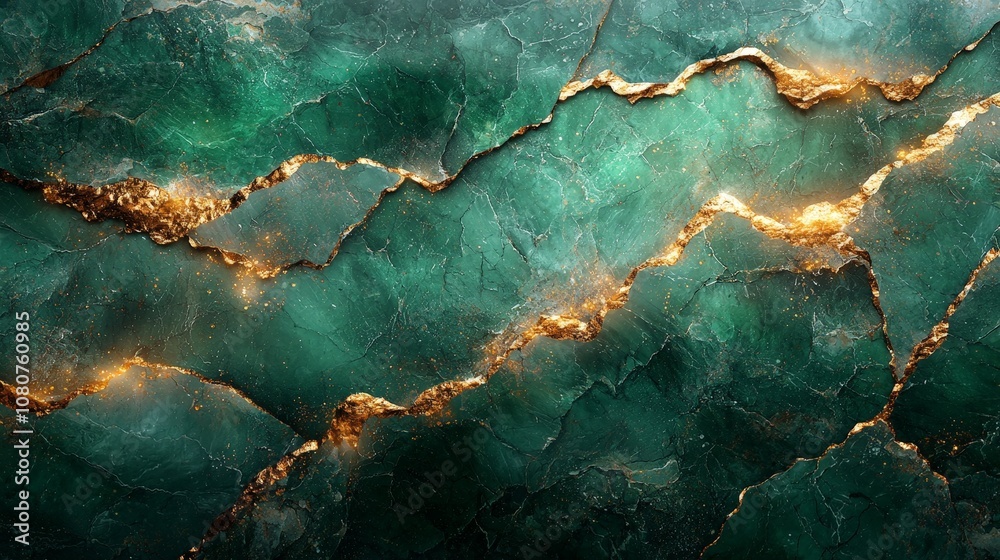 A textured green and gold marble surface with intricate patterns and natural veins.