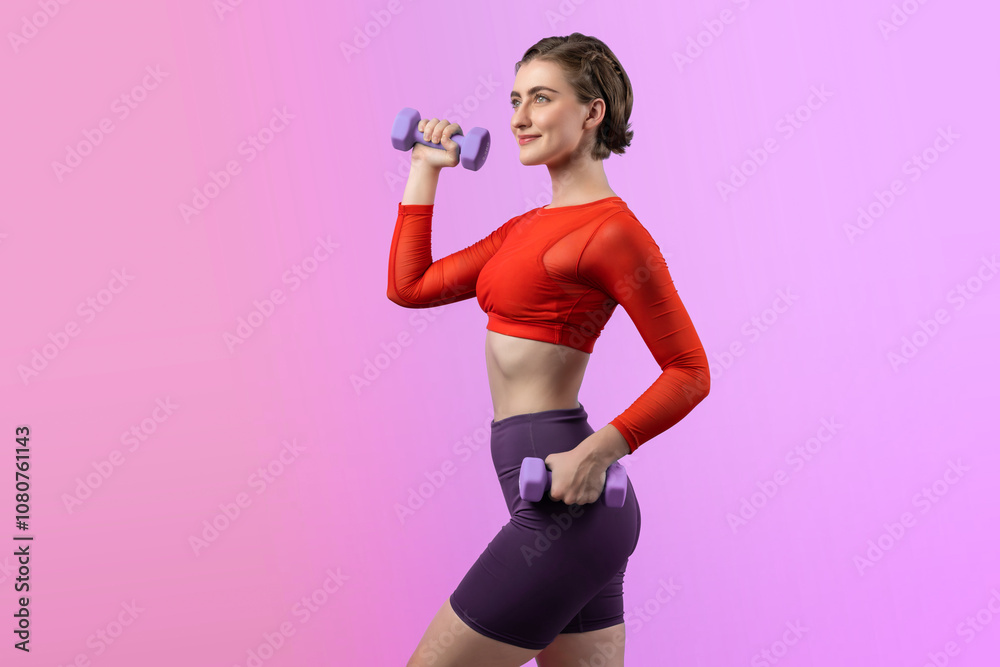 Full body length gaiety shot athletic and sporty woman with dumbbell for weight lifting as bodybuilding exercise in standing posture on isolated background. Healthy active and body care lifestyle Full body length gaiety shot athletic and sporty woman with dumbbell for weight lifting as bodybuilding exercise in standing posture on isolated background. Healthy active and body care lifestyle
