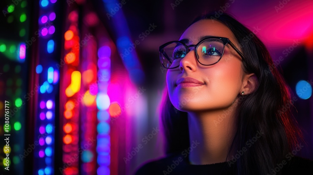 Young woman with glasses gazing thoughtfully at a colorful illuminated server room, a blend of technology and wonder in an engaging digital setting Young woman with glasses gazing thoughtfully at a colorful illuminated server room, a blend of technology and wonder in an engaging digital setting