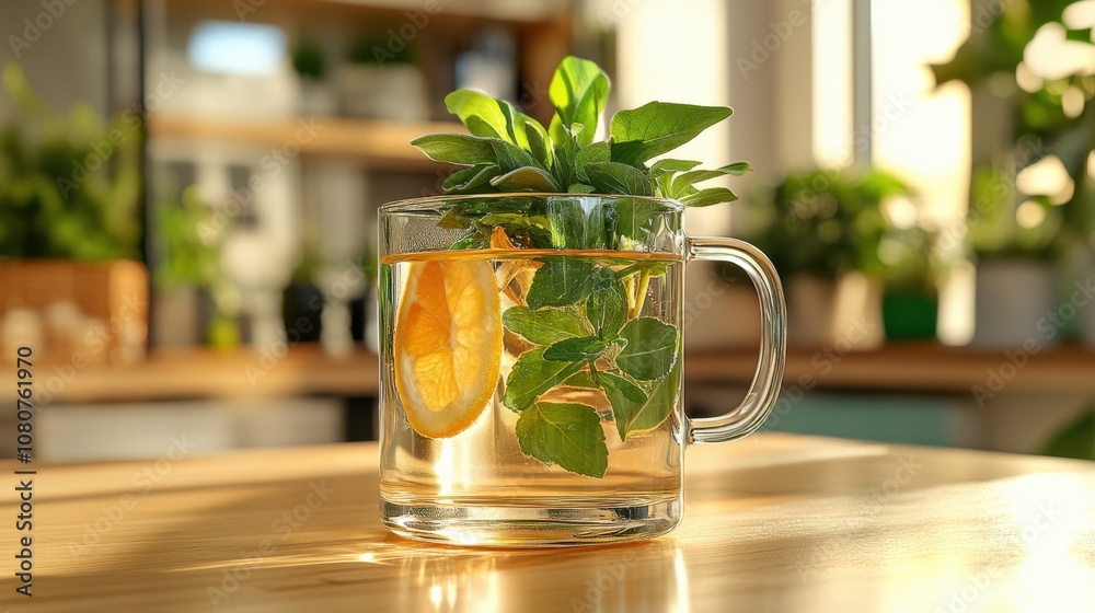 Refreshing Herbal Drink with Lemon and Mint in a Sunlit Kitchen Setting Refreshing Herbal Drink with Lemon and Mint in a Sunlit Kitchen Setting