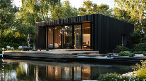 Modern black cabin surrounded by lush greenery and tranquil water during late afternoon sunlight