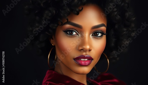 Stunning Portrait of a Young Woman with Curly Hair and Bold Lip Color