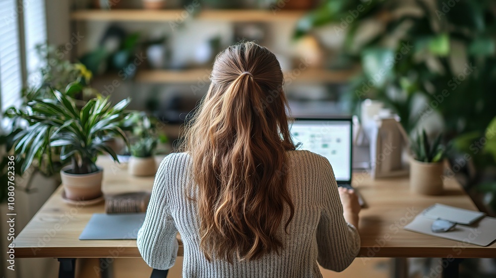 Young Woman Concentrating on Work at a Modern Desk Surrounded by Lush Greenery in a Bright, Stylish Office Setting Young Woman Concentrating on Work at a Modern Desk Surrounded by Lush Greenery in a Bright, Stylish Office Setting