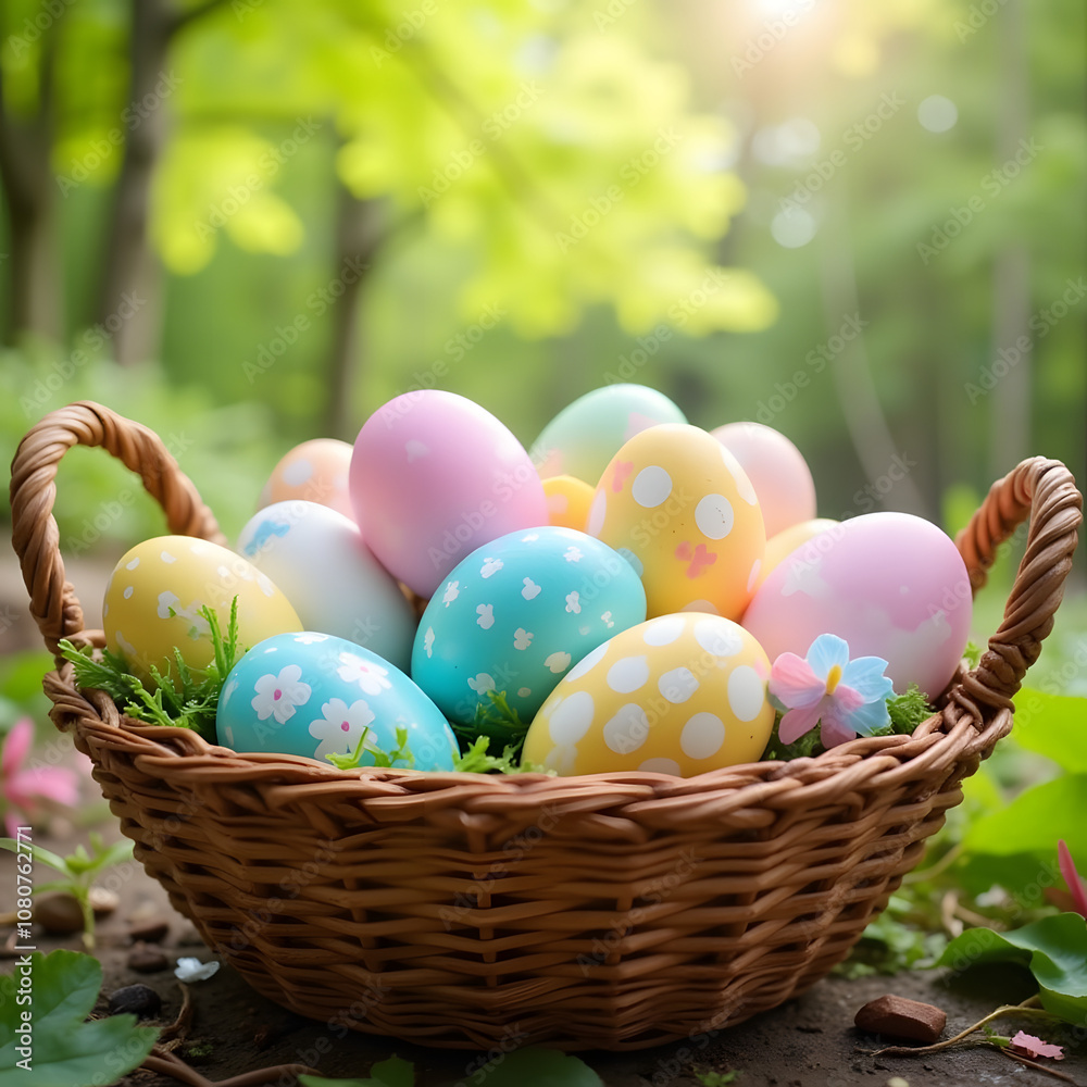 Traditional Wicker Basket with Decorated Easter Eggs in Forest Setting Traditional Wicker Basket with Decorated Easter Eggs in Forest Setting