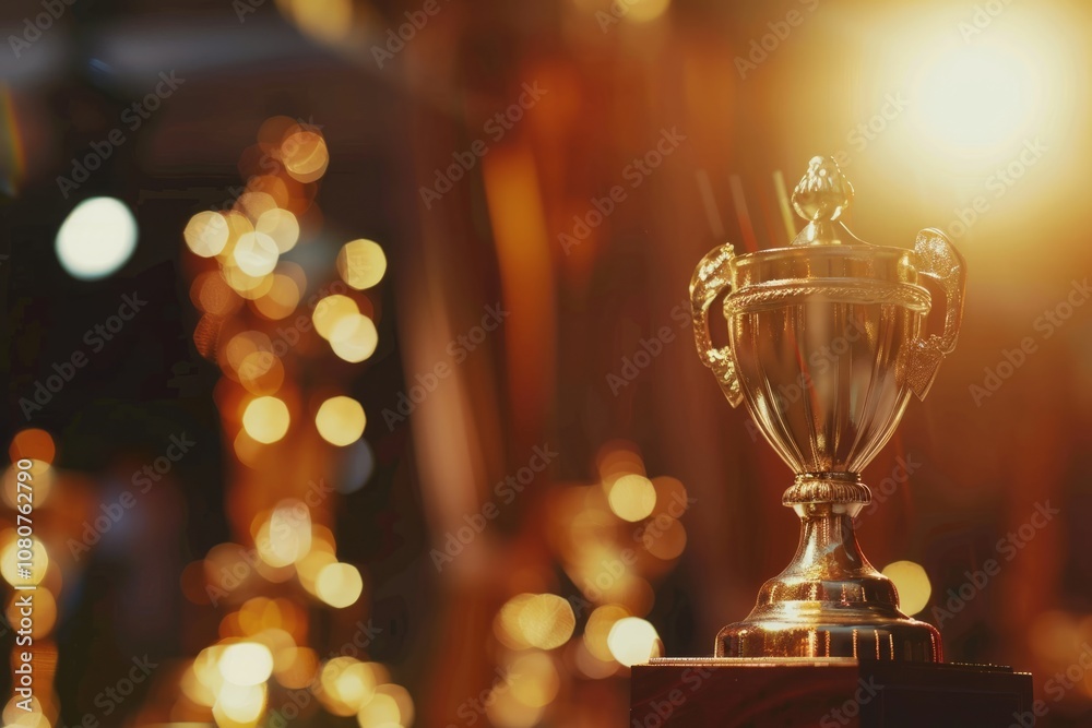 A shiny golden trophy with a blurred bokeh background, representing victory and excellence in a warm, glowing ambiance. A shiny golden trophy with a blurred bokeh background, representing victory and excellence in a warm, glowing ambiance.