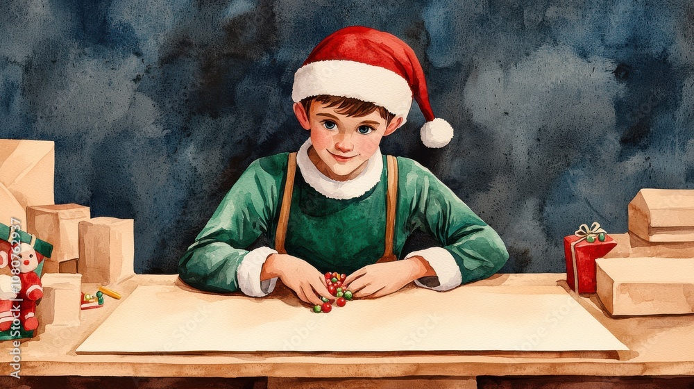 A festive scene featuring a young boy in a Santa hat, joyfully preparing decorations at a table surrounded by Christmas gifts. A festive scene featuring a young boy in a Santa hat, joyfully preparing decorations at a table surrounded by Christmas gifts.