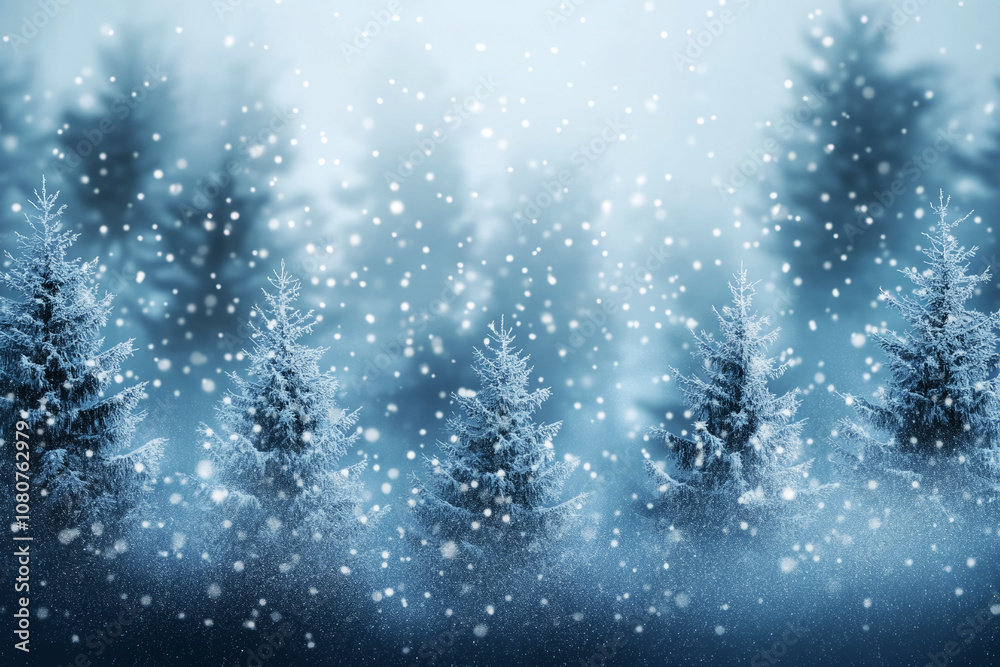 Gentle snowfall on a blurred background of a snowy pine forest, creating a peaceful and serene winter scene Gentle snowfall on a blurred background of a snowy pine forest, creating a peaceful and serene winter scene