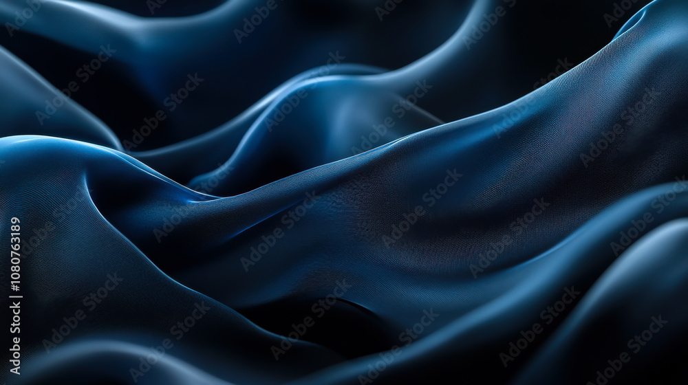 Fototapeta premium Smooth flowing dark blue fabric draping elegantly in soft light, showcasing texture and depth