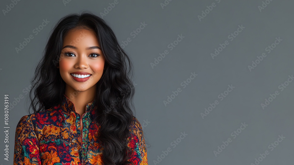 African woman in traditional batik cloth isolated on gray copy space African woman in traditional batik cloth isolated on gray copy space
