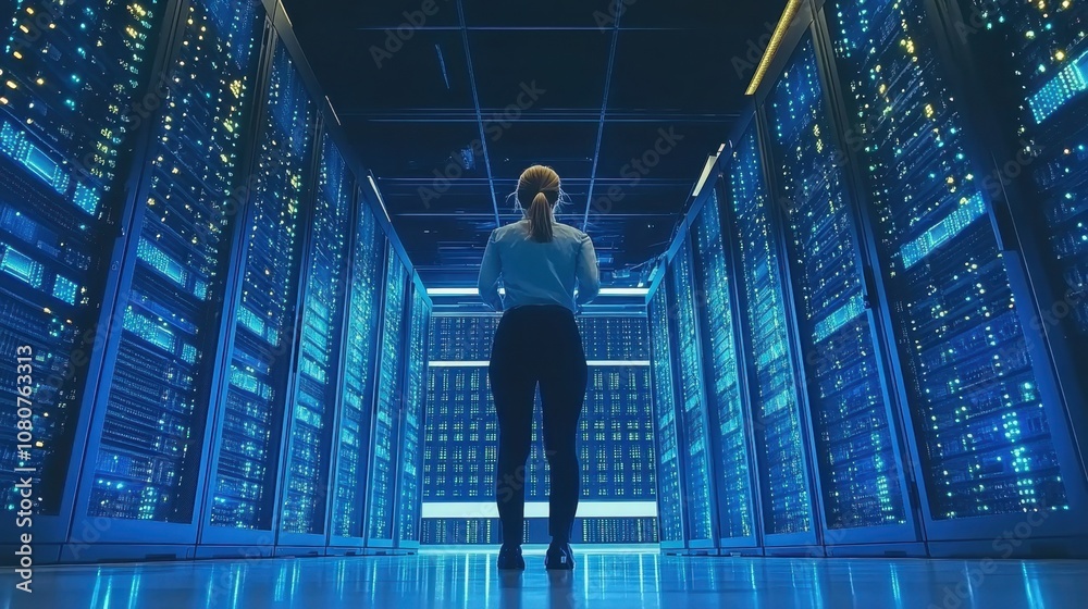 Female IT Technician Standing in Front of Modern Server Racks with Bright Blue Lights in a Data Center, Representing Technology and Networking Solutions Female IT Technician Standing in Front of Modern Server Racks with Bright Blue Lights in a Data Center, Representing Technology and Networking Solutions