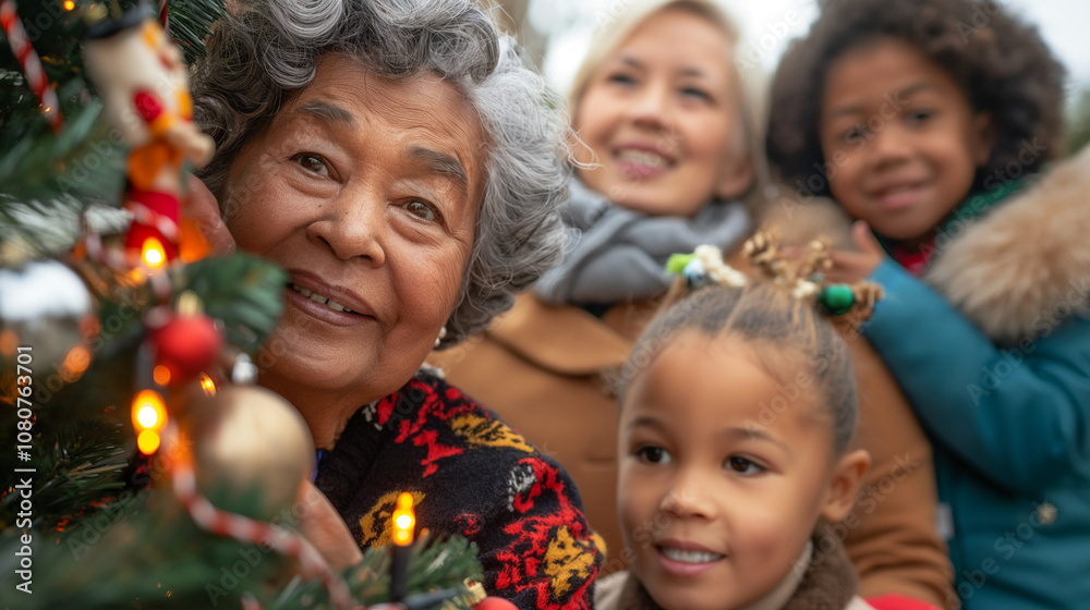 Diverse family enjoying Christmas together around a decorated tree. Diverse family enjoying Christmas together around a decorated tree.