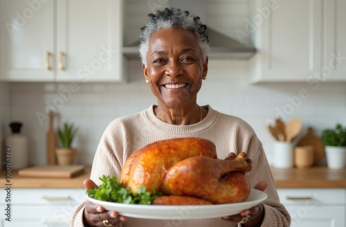 Mature African American woman holds a Thanksgiving turkey in a white kitchen