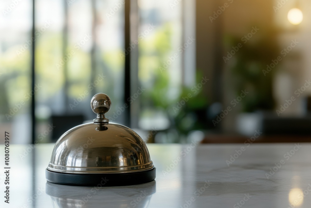 A polished hotel service bell gleams on a countertop, set against a softly blurred lobby background, evoking hospitality and anticipation. A polished hotel service bell gleams on a countertop, set against a softly blurred lobby background, evoking hospitality and anticipation.