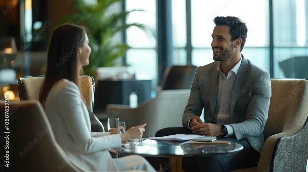 Business Meeting in a Modern Lobby Business Meeting in a Modern Lobby