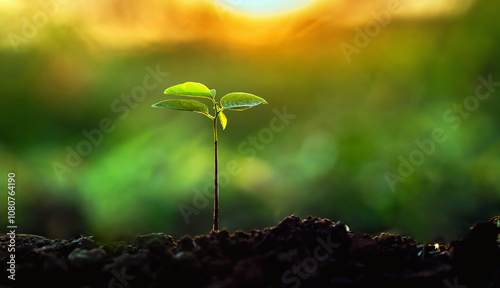 A small green plant is growing in the dirt