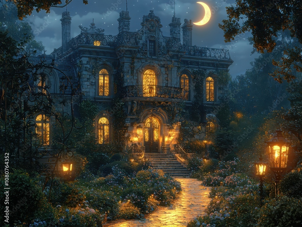 Explore a majestic french chateau adorned with intricate iron lanterns beneath a starry sky Explore a majestic french chateau adorned with intricate iron lanterns beneath a starry sky