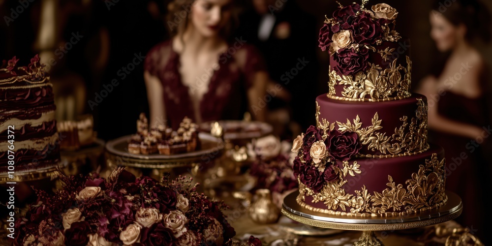 Elegant wedding cake adorned with roses and gold accents, lavish dessert table featuring floral arrangements and gourmet treats Elegant wedding cake adorned with roses and gold accents, lavish dessert table featuring floral arrangements and gourmet treats