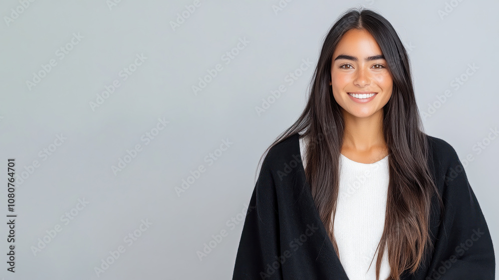 Hispanic woman wearing traditional cloak wool poncho isolated on gray