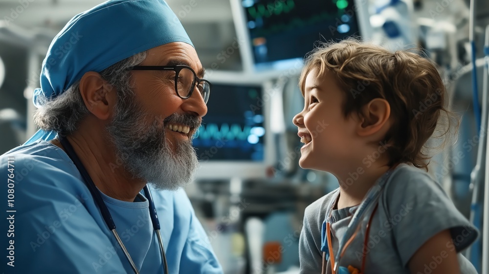 Smiling doctor with gray beard and glasses interacting with happy young child in a hospital setting with medical equipment in the background.